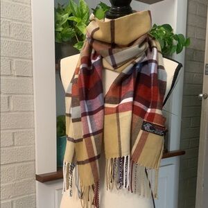 Tan and Burgundy Plaid Soft scarf 100% acrylic "cashmere feel" VGUC 64" x 12"